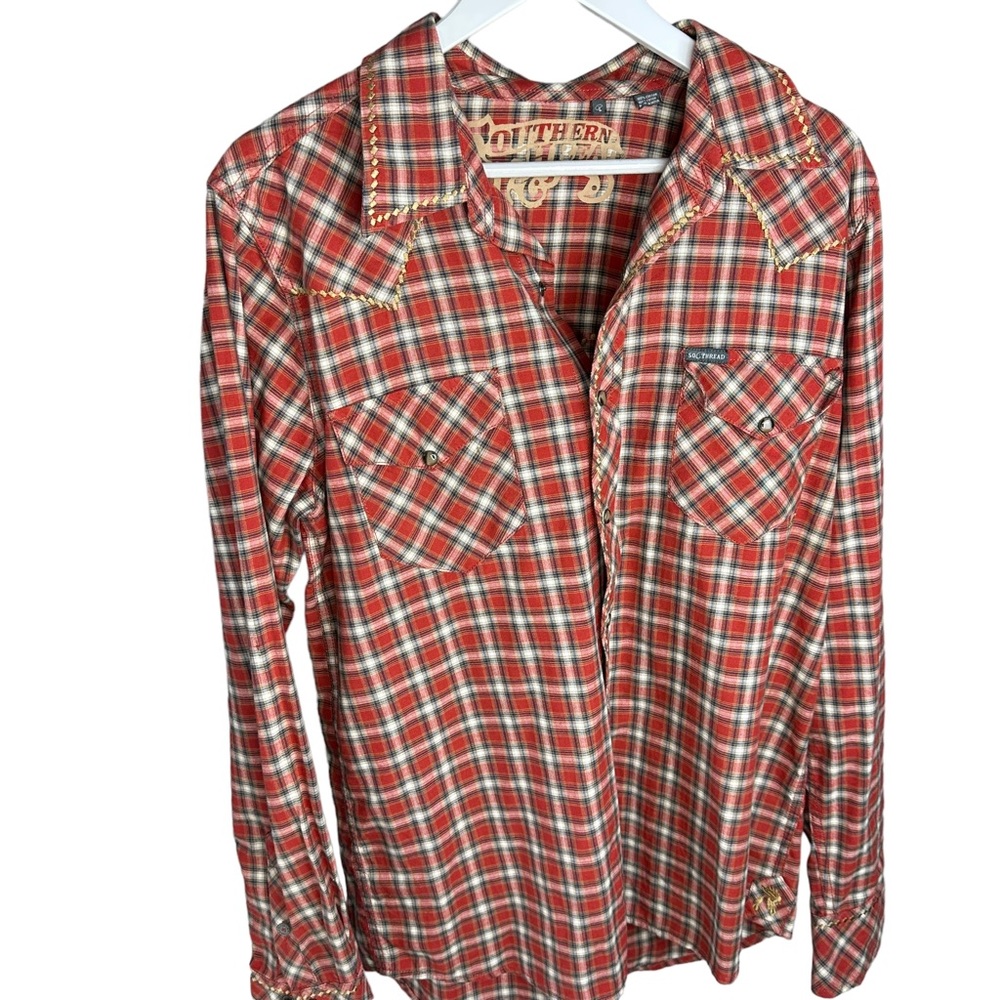 Southern Thread Western Pearl Snap Plaid Shirt Unisex Red Tan White Large